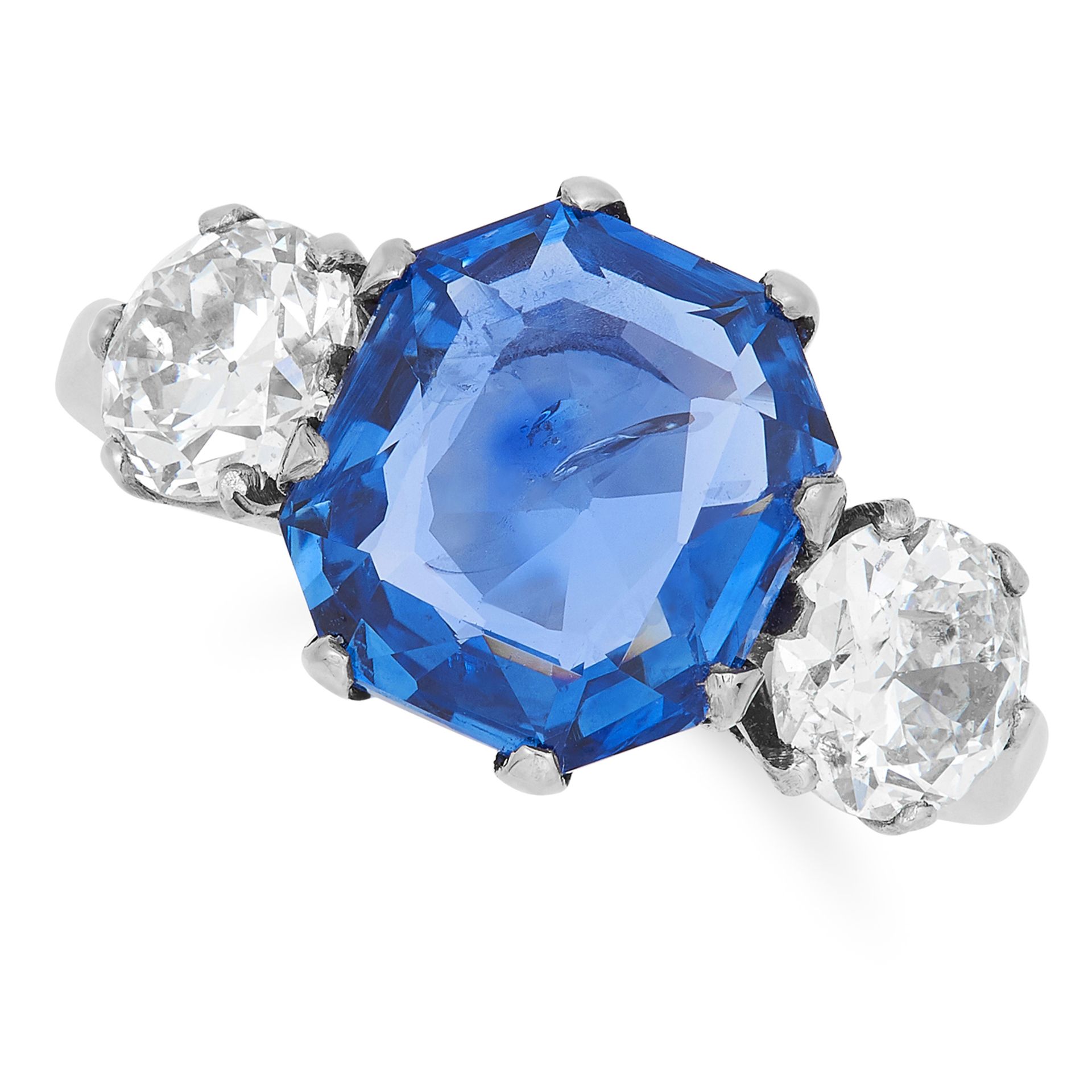 6.29 CARAT BURMA NO HEAT SAPPHIRE AND DIAMOND RING set with an octagonal cut sapphire of 6.29 carats