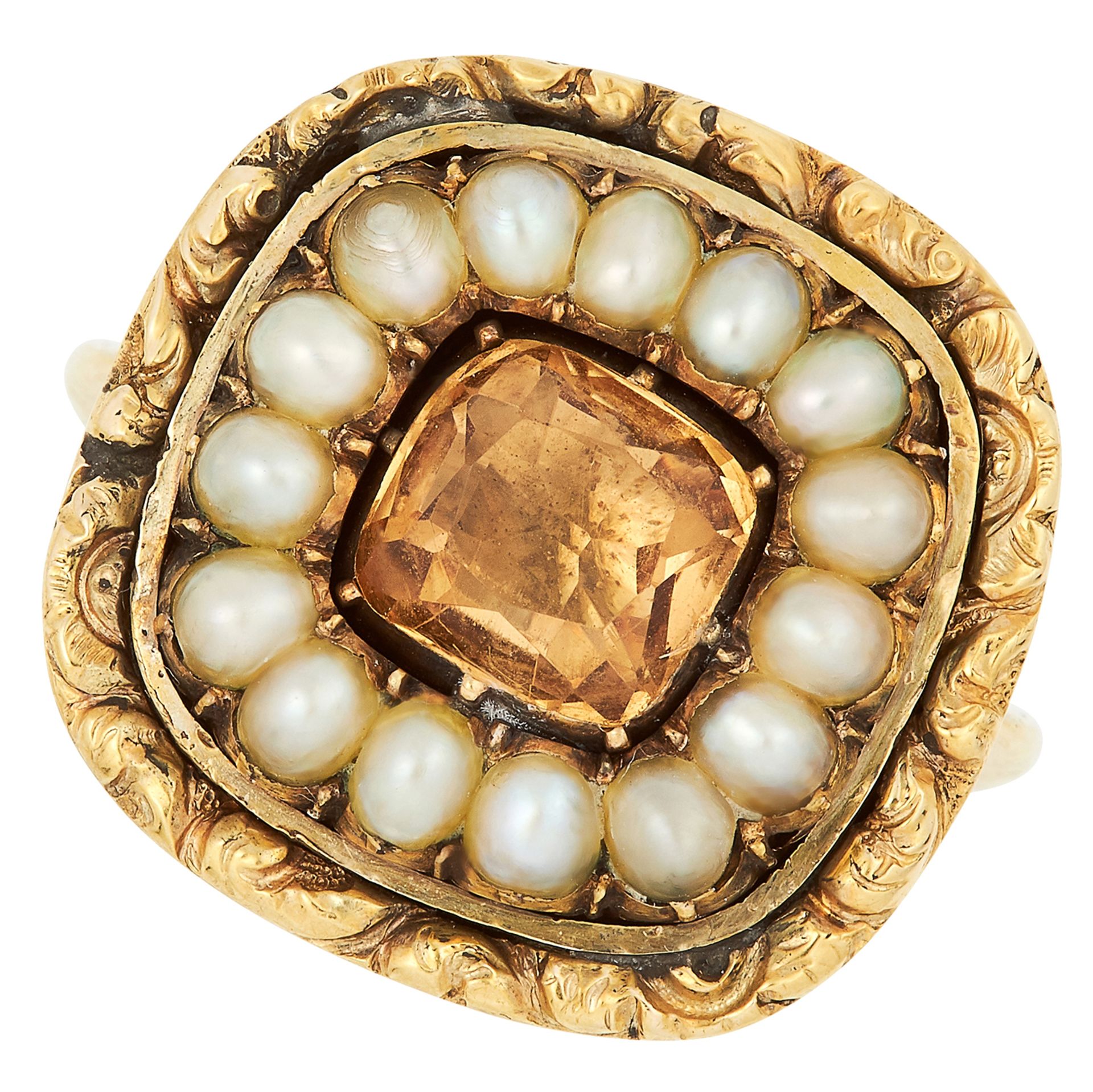 ANTIQUE IMPERIAL TOPAZ AND PEARL RING set with a cushion cut imperial topaz in a border of pearls,