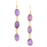 AMETHYST DROP EARRINGS each set with three oval cut amethyst, 4.1cm, 1.3g.