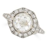 1.80 CARAT DIAMOND RING in Art Deco style set with an old cut of approximately 1.56 carats in a