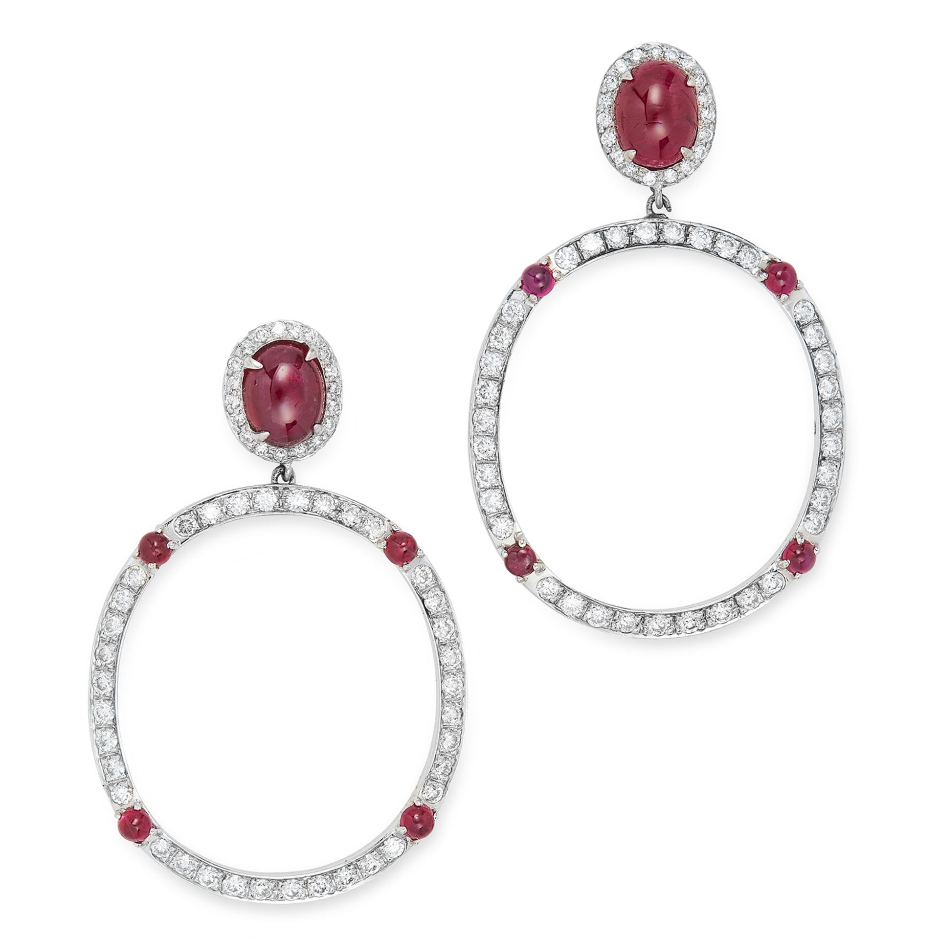 RUBY AND DIAMOND EARRINGS each comprising of a cabochon ruby in a border of round cut diamonds,