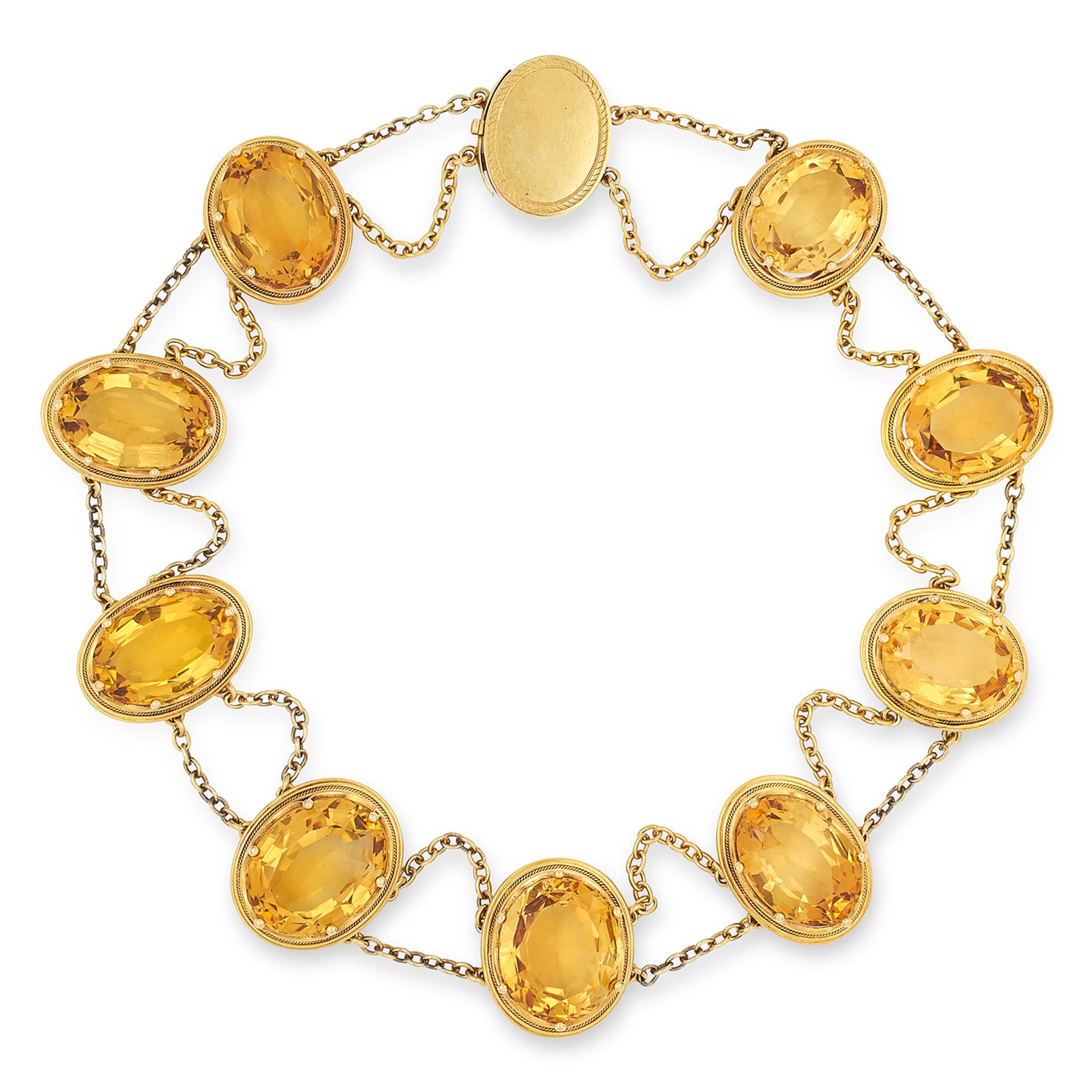 ANTIQUE CITRINE NECKLACE set with nine oval cut citrines suspending belcher link chain swags, 37.