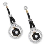 ONYX AND DIAMOND DROP EARRINGS in Art Deco style set with polished onyx and round cut diamonds