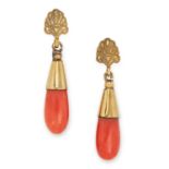 ANTIQUE CORAL DROP EARRINGS, 19TH CENTURY suspending polished coral drops with shell decoration