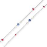 RUBY, SAPPHIRE AND PEARL NECKLACE comprising of a chain set with polished ruby, sapphire and pearl