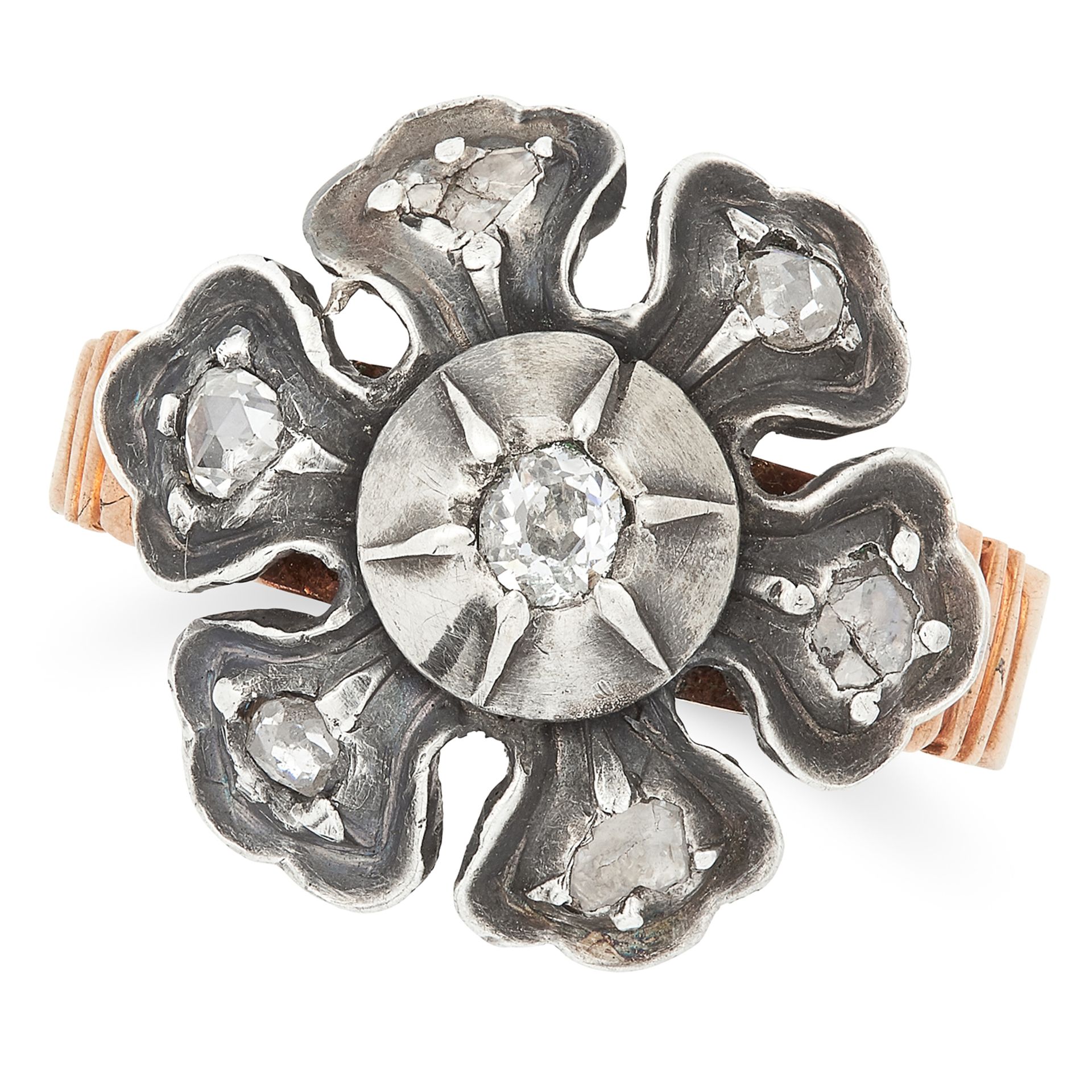 DIAMOND FLOWER RING set with old and rose cut diamonds, size P / 7.5, 4.8g.