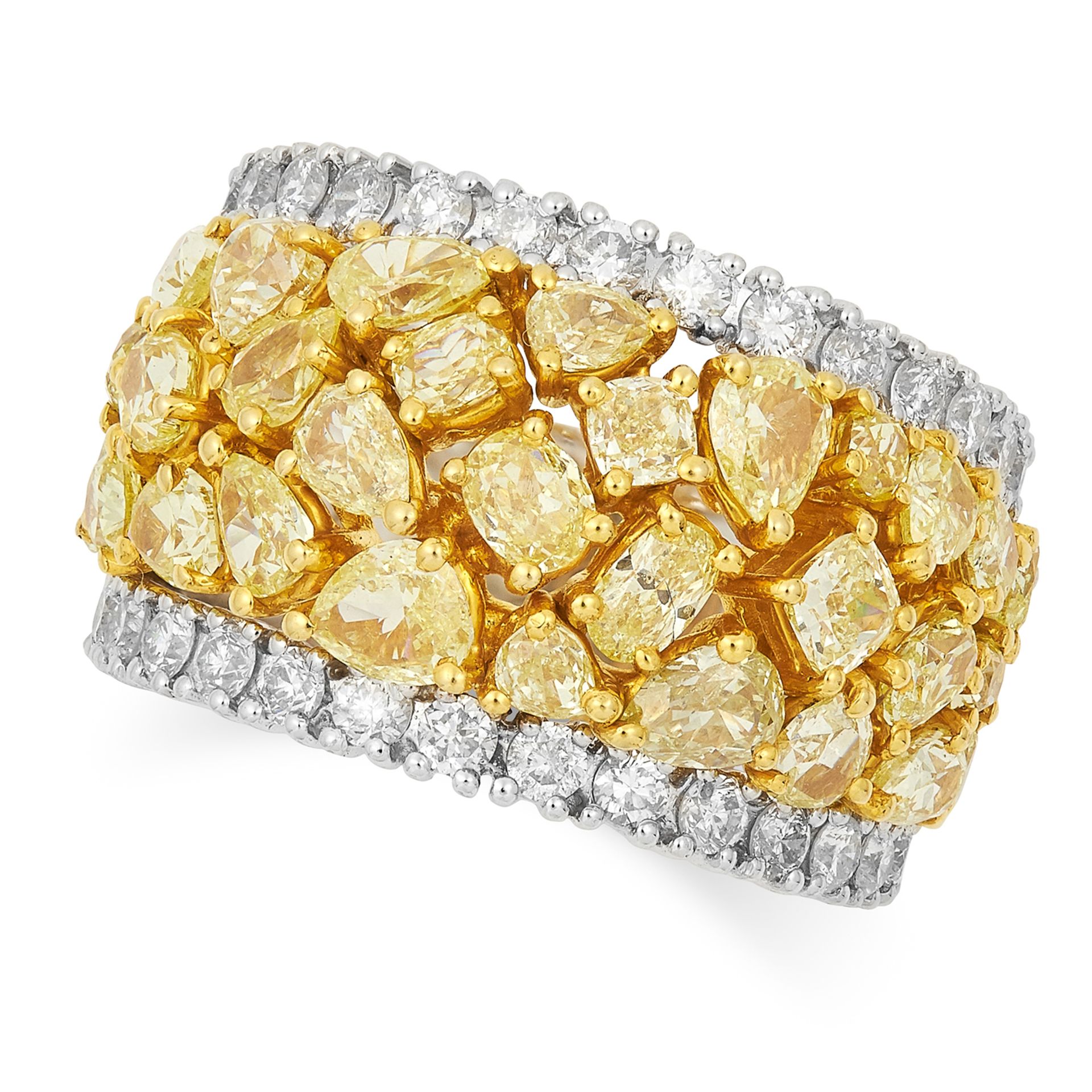 3.50 CARAT YELLOW DIAMOND DRESS RING set with oval, pear and cushion cut yellow diamonds in a border