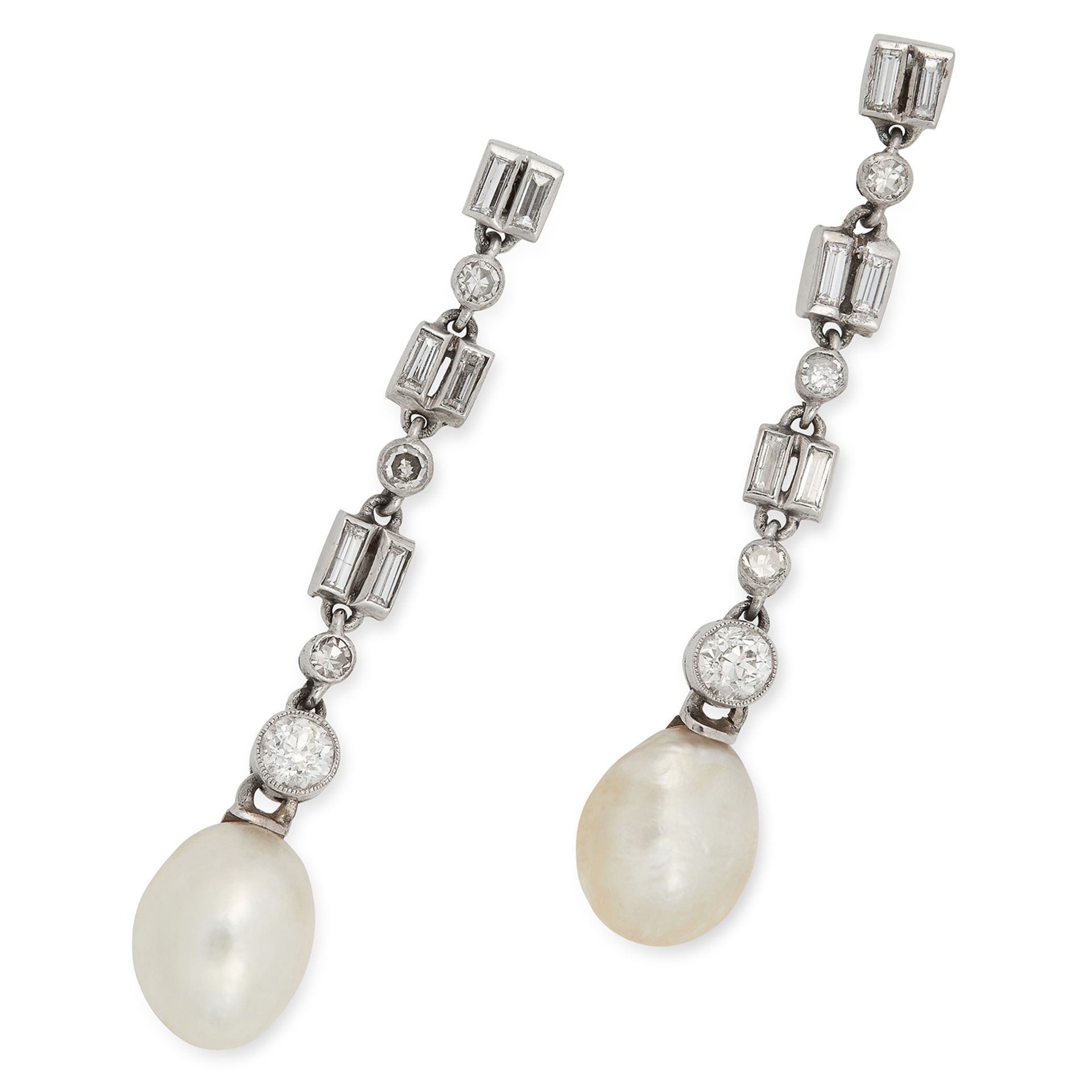 NATURAL SALTWATER PEARL AND DIAMOND DROP EARRINGS each set with alternating baguette and round cut