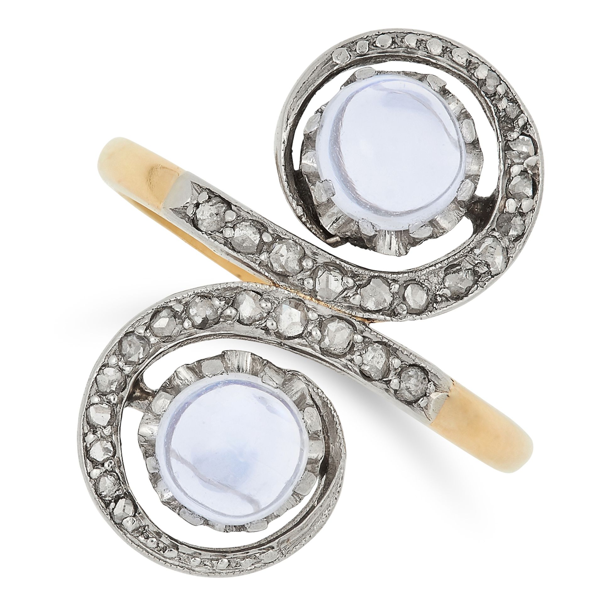 ANTIQUE MOONSTONE AND DIAMOND TOI ET MOI RING set with two cabochon moonstone and rose cut diamonds,