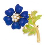 PEARL, DIAMOND AND ENAMEL FLOWER BROOCH set with a round cut diamond in a border of pearls and