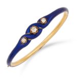 ANTIQUE VICTORIAN DIAMOND AND ENAMEL BANGLE set with three old cut diamonds and blue enamel, 6cm