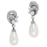 PEARL AND DIAMOND DROP EARRINGS each scrolling motif jewelled with old and single cut diamonds,