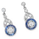 SAPPHIRE AND DIAMOND DROP EARRINGS in Art Deco style, set with round cut diamonds and step cut