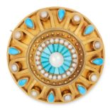 ANTIQUE PEARL AND TURQUOISE BROOCH in Etruscan revival form set with cabochon turquoise and
