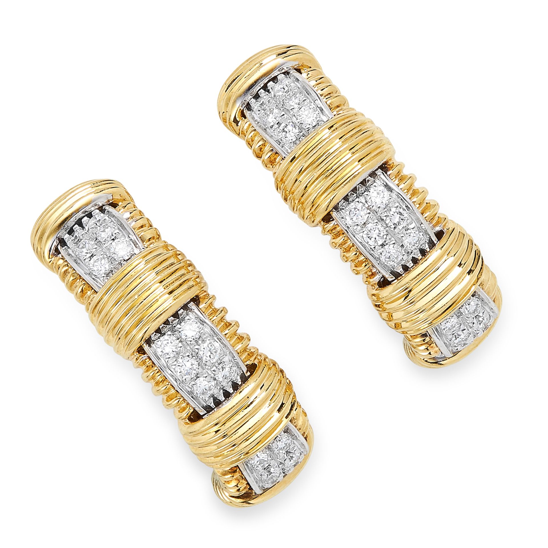 VINTAGE DIAMOND HOOP CLIP EARRINGS designed as half hoops with reeded decoration and round cut