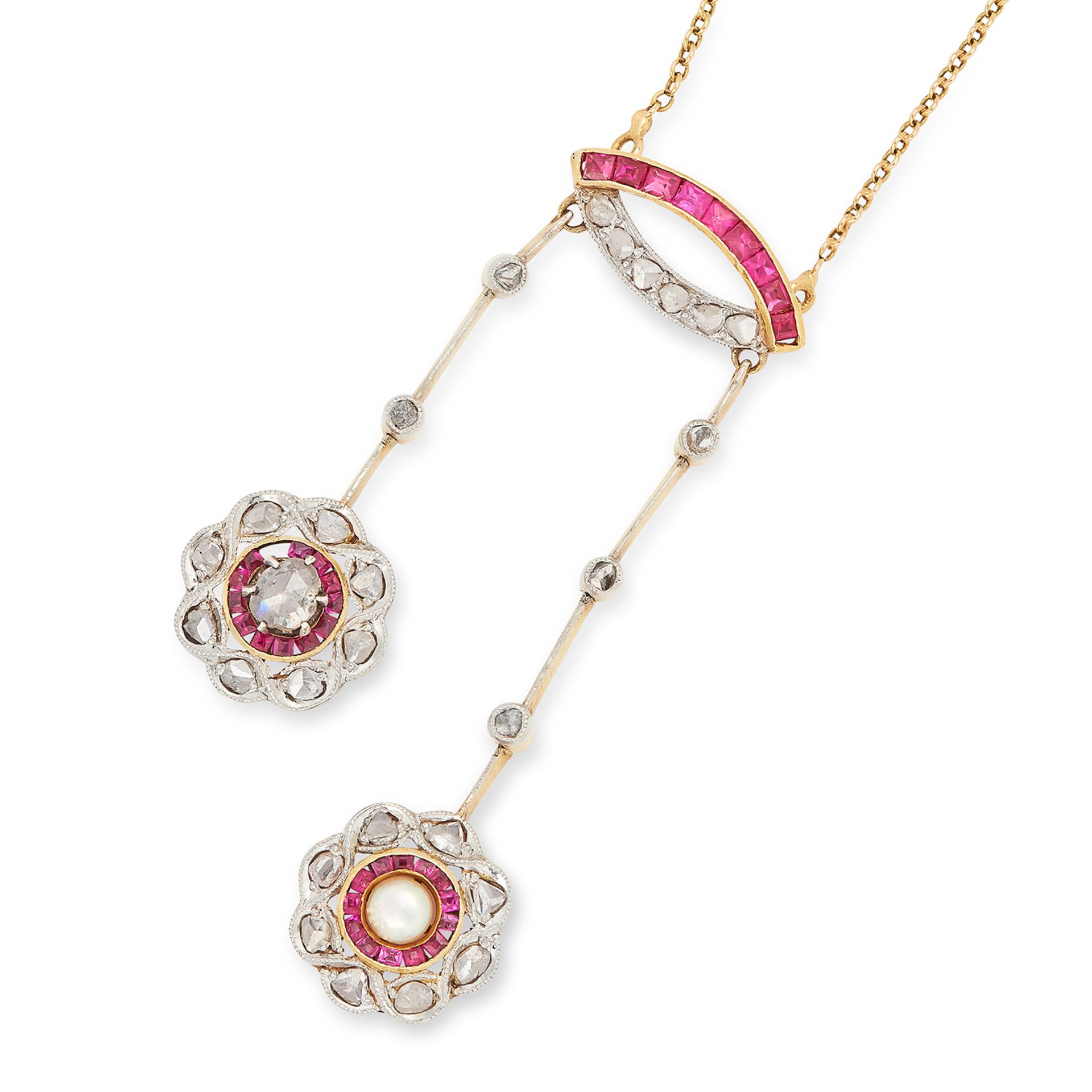 ANTIQUE RUBY, DIAMOND AND PEARL PENDANT set with step cut rubies, rose cut diamonds and a pearl, 6.