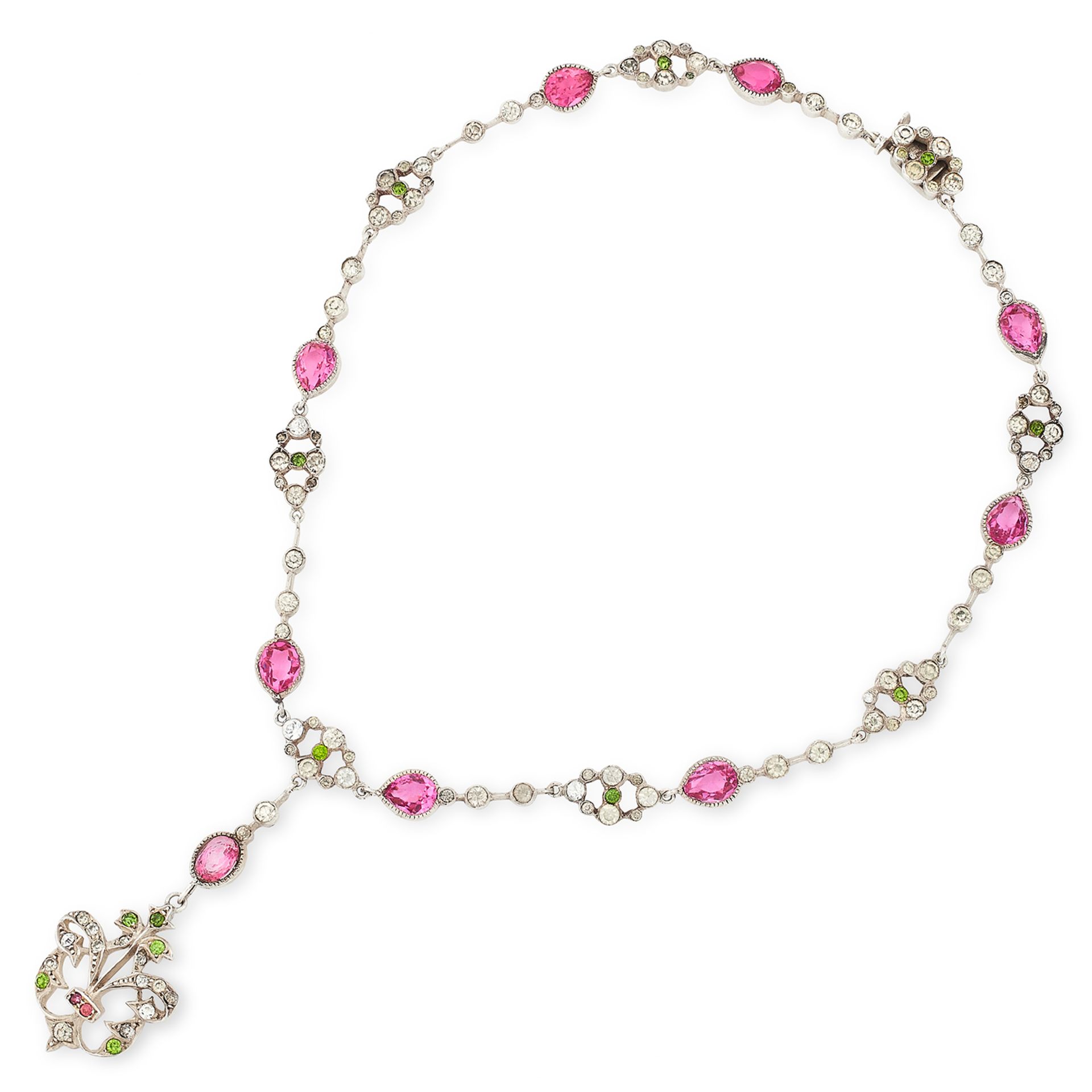 ANTIQUE GEORGIAN PASTE GEMSTONE NECKLACE set with pink, green and white paste gemstones, 36cm, 28.