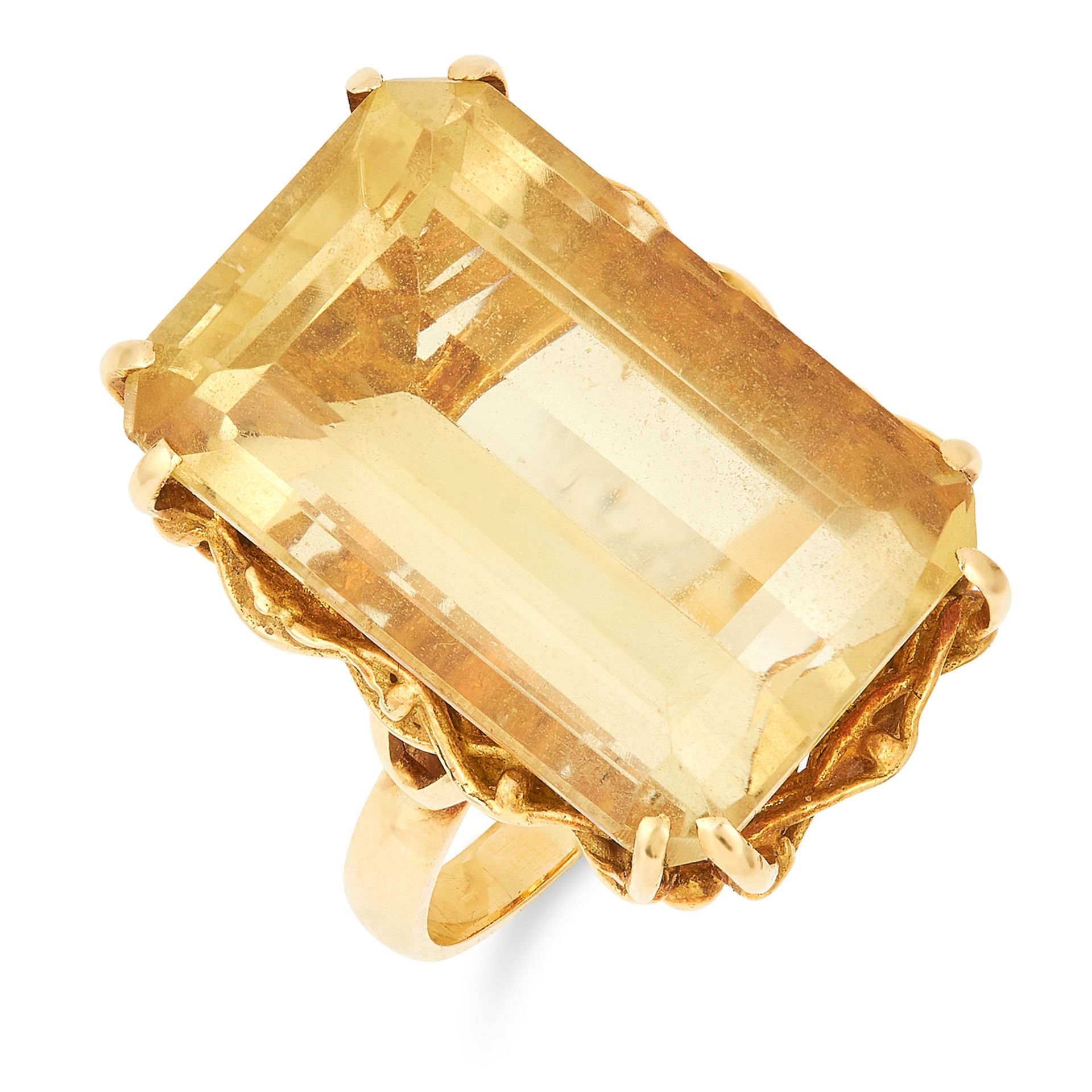 VINTAGE CITRINE DRESS RING, set with an emerald cut citrine set within a basket design gallery, size