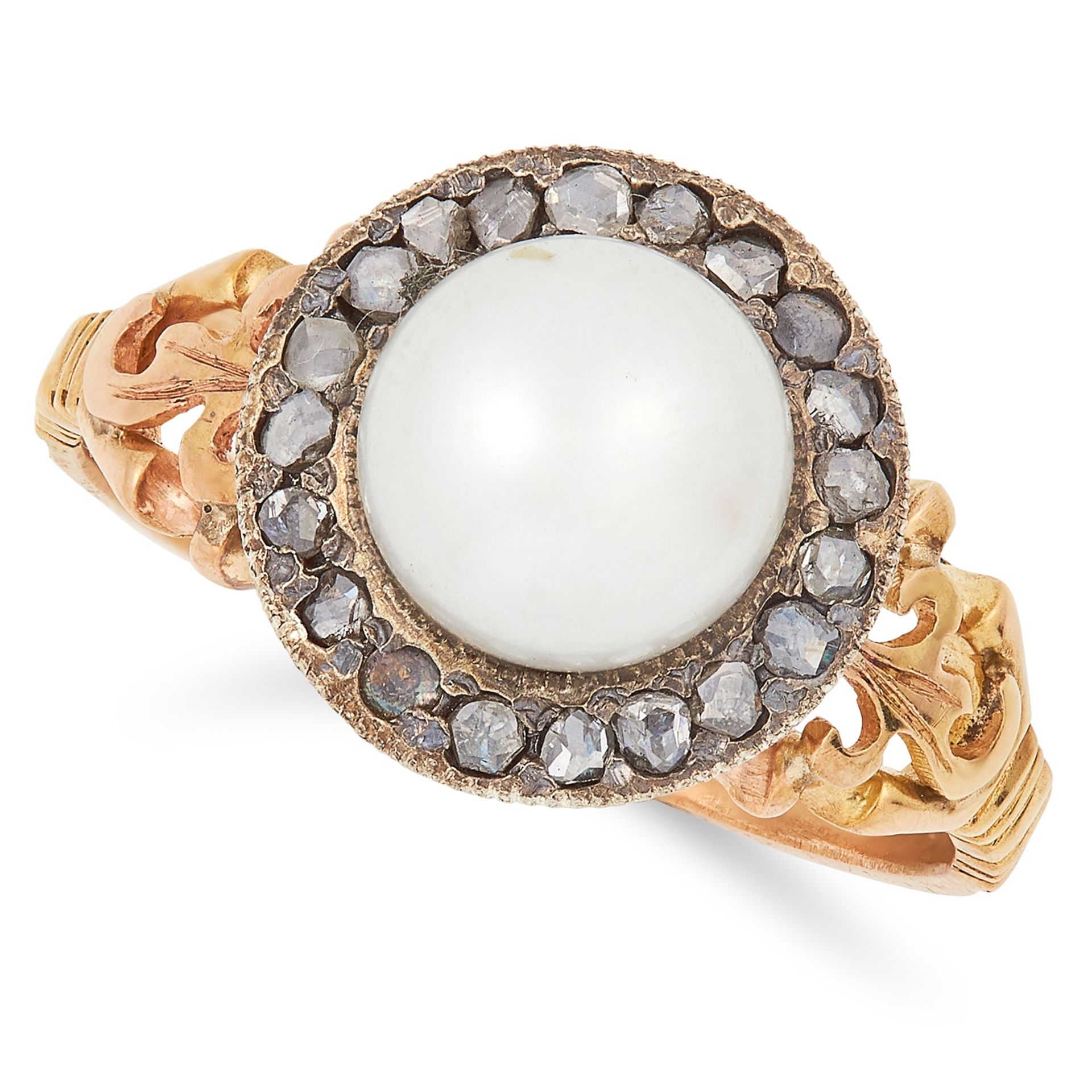 PEARL AND DIAMOND CLUSTER RING set with a pearl in a cluster of rose cut diamonds, size P / 7.5, 4.
