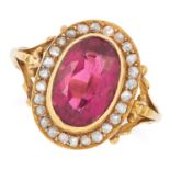 ANTIQUE TOURMALINE AND DIAMOND CLUSTER RING set with an oval cut tourmaline in a border of rose