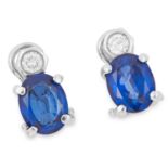 SAPPHIRE AND DIAMOND EARRINGS each set with a round cut diamond above an oval cut sapphire totalling