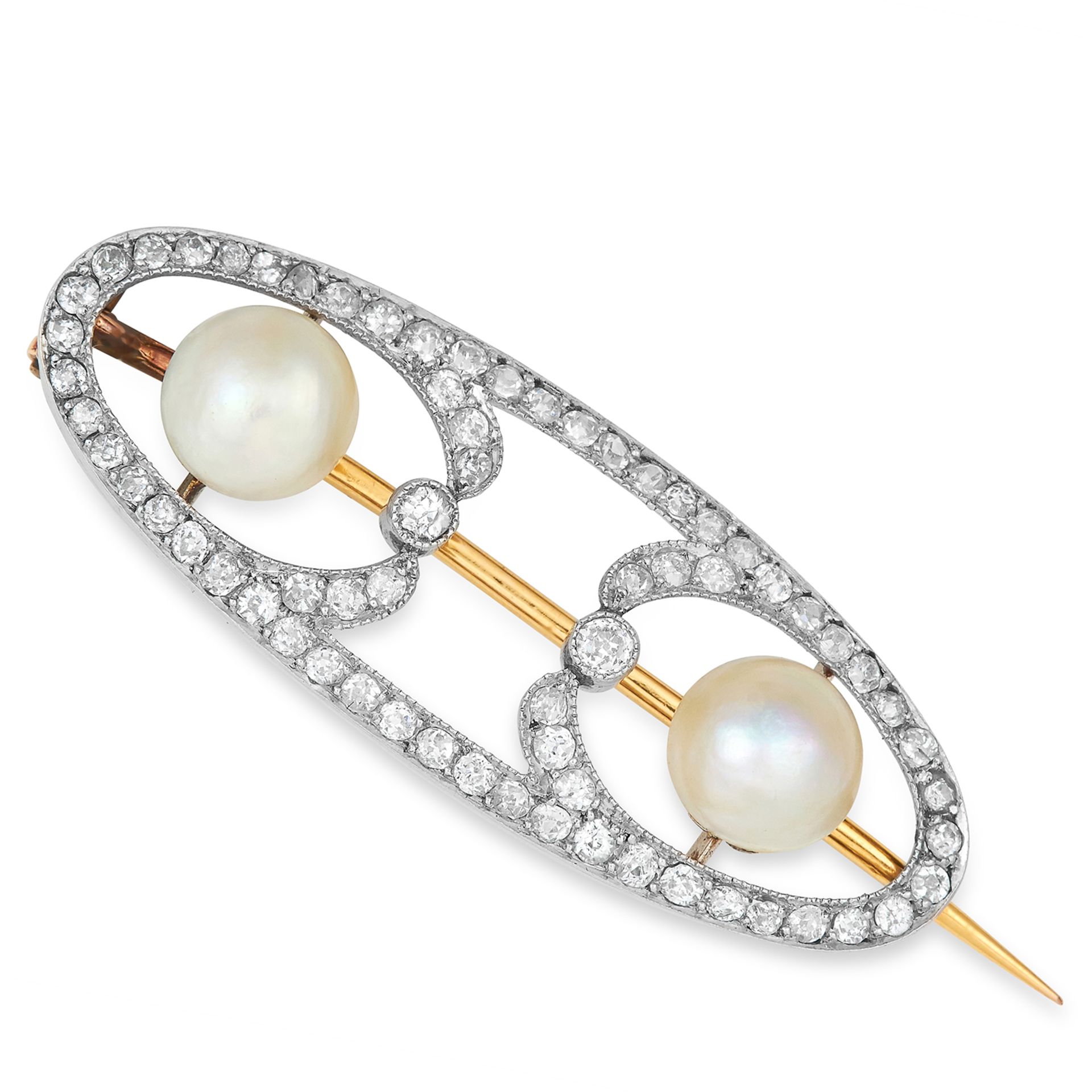 ART NOUVEAU DIAMOND AND PEARL BROOCH set with old cut diamonds and two pearls, possibly natural,