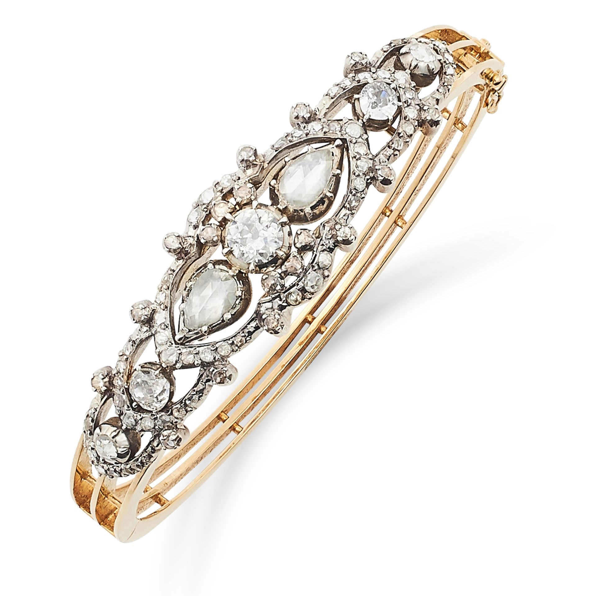 ANTIQUE DIAMOND BANGLE set with old and rose cut diamonds in open framework border, 6cm inner