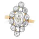 DIAMOND CLUSTER RING set with a marquise cut diamond in a border of round cut diamonds, size I / 4.