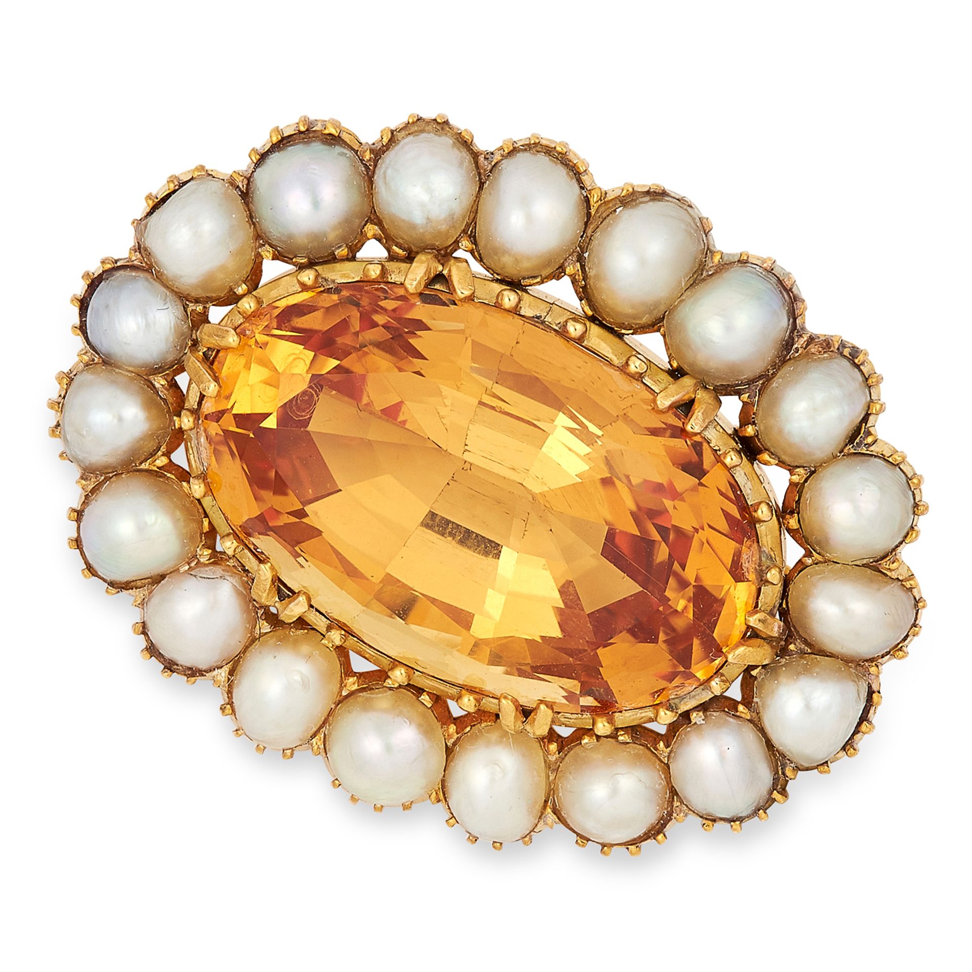 ANTIQUE IMPERIAL TOPAZ AND PEARL BROOCH set with an oval cut imperial topaz of approximately 7.54