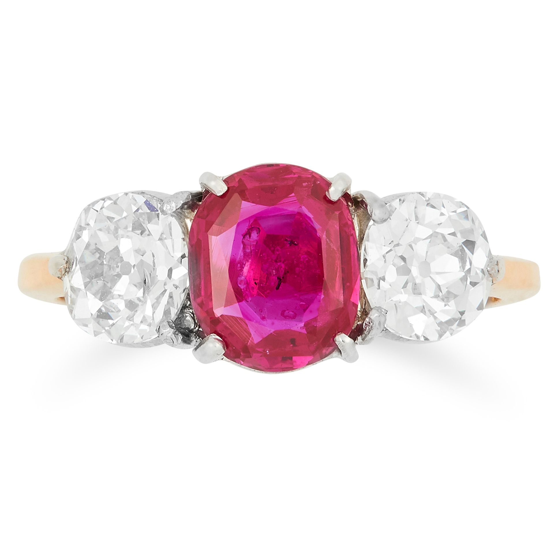 1.67 CARAT BURMA NO HEAT RUBY AND DIAMOND THREE STONE RING set with an oval cut ruby of 1.67