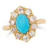 TURQUOISE AND DIAMOND CLUSTER RING set with a cabochon turquoise in a border of round cut