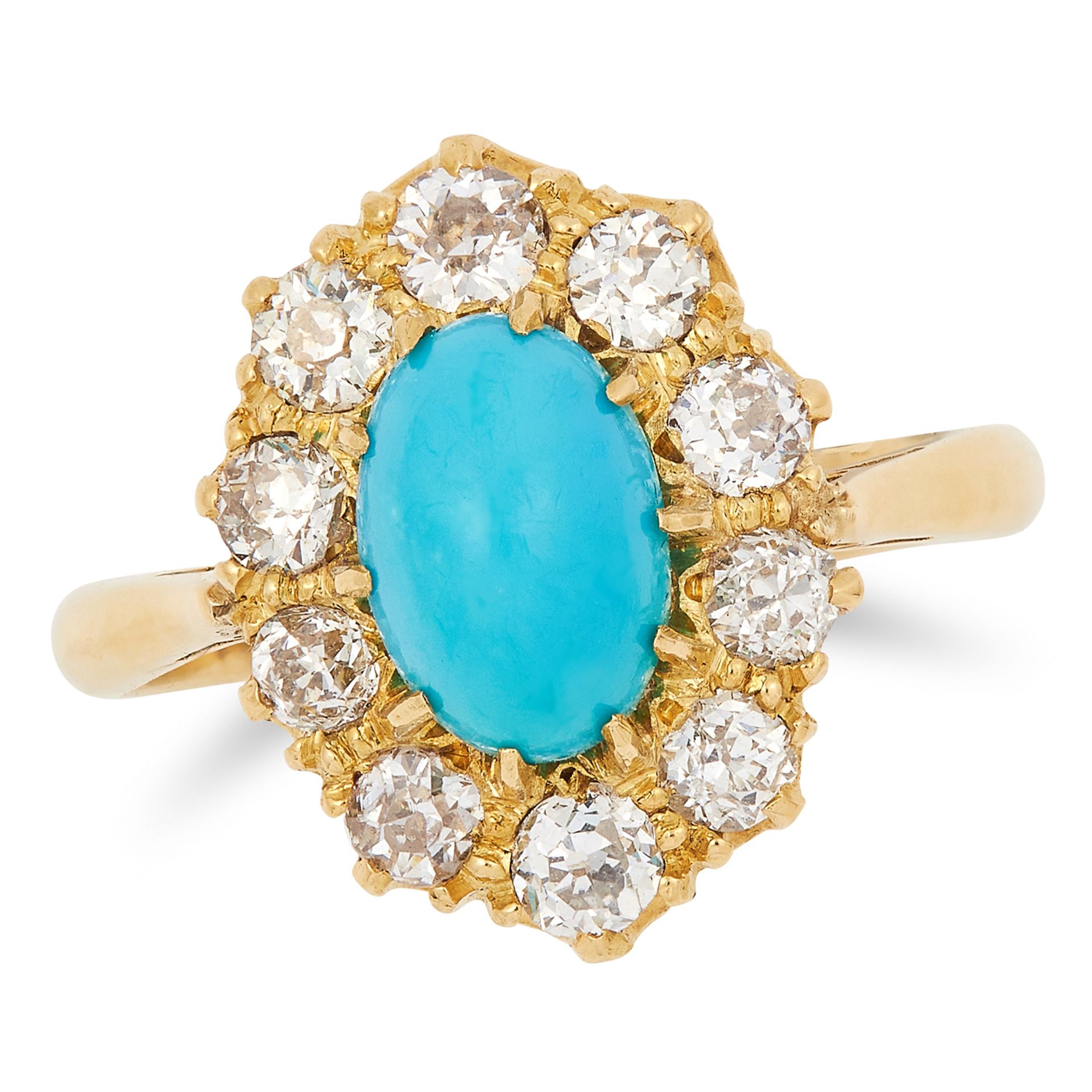 TURQUOISE AND DIAMOND CLUSTER RING set with a cabochon turquoise in a border of round cut