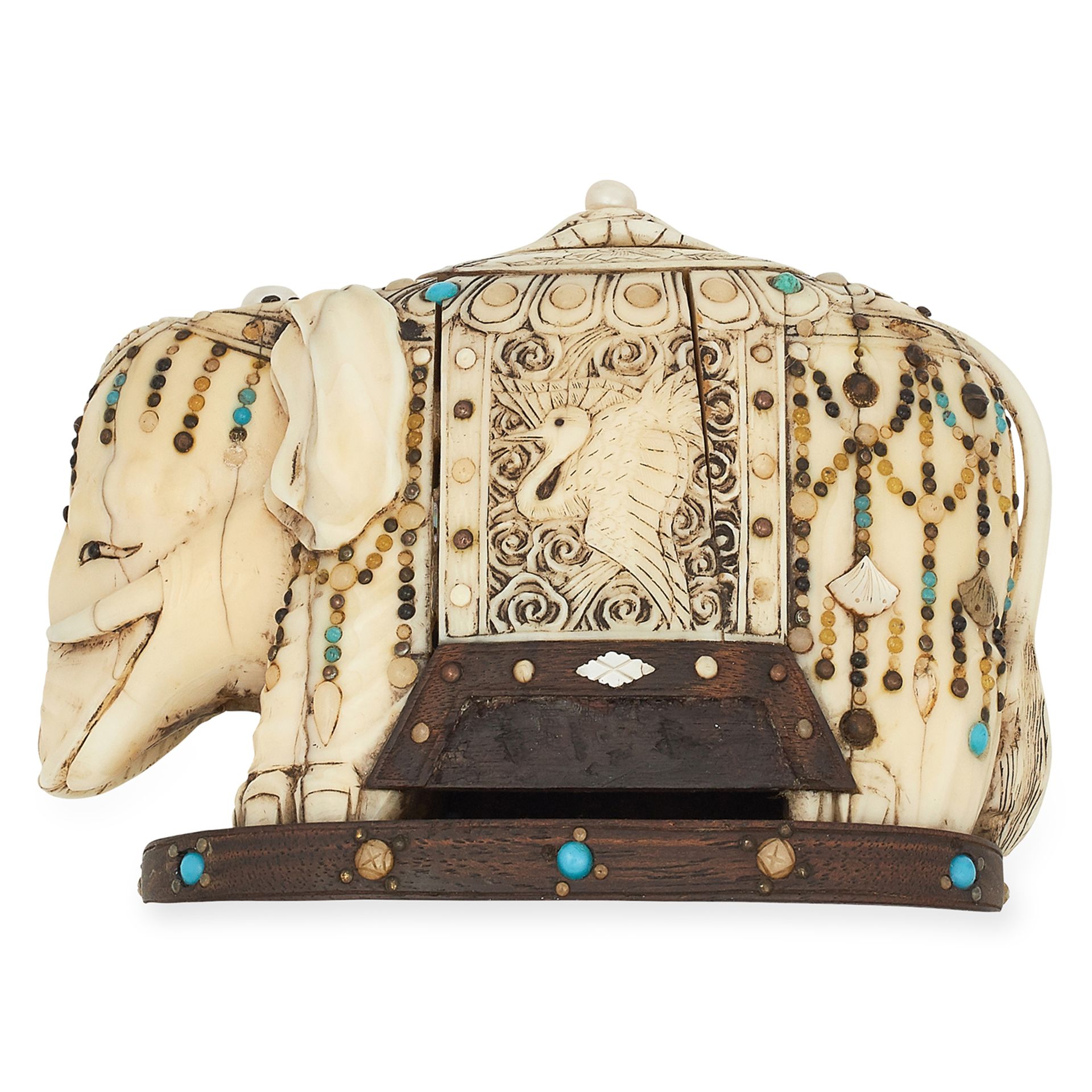 ANTIQUE MUGHAL IVORY GEMSET ELEPHANT STATUE with decorated detailing, 11cm, 334.7g.