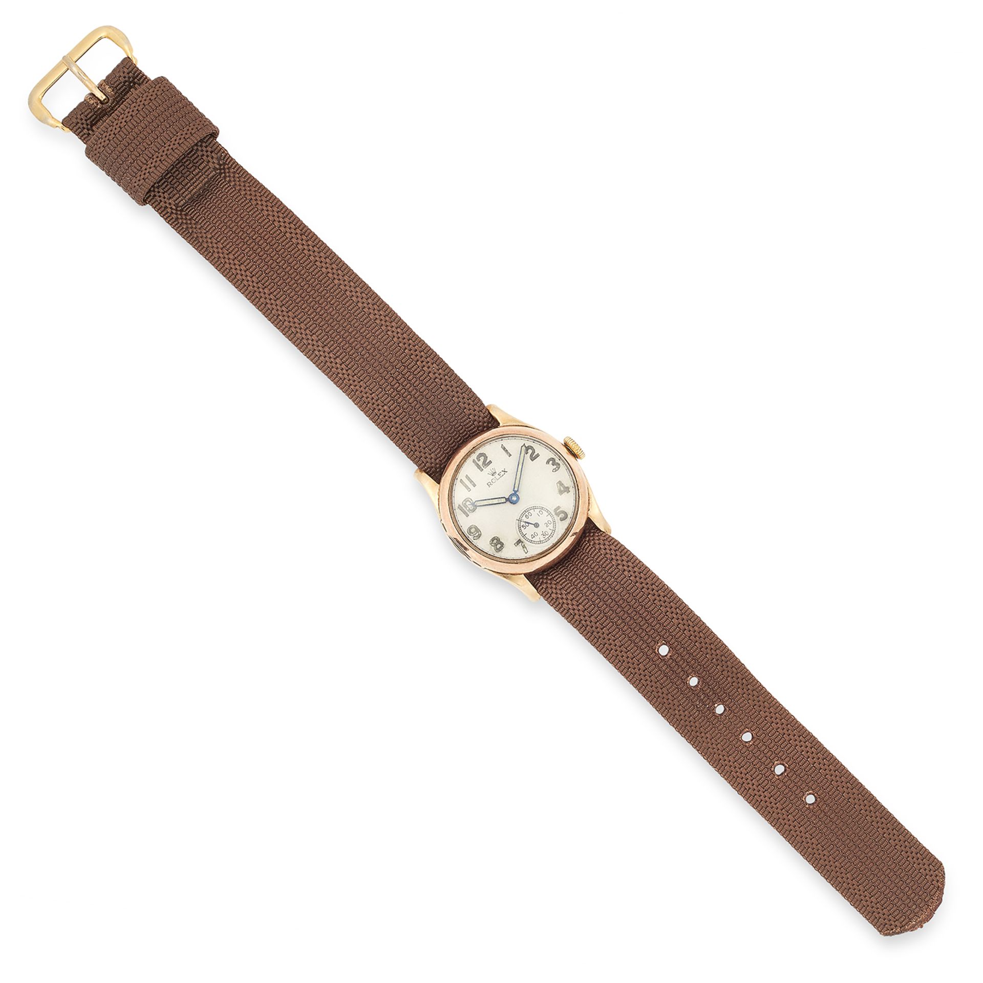 WRISTWATCH, ROLEX with a gold bezel and brown fabric strap, 22.5cm, 22.7g.