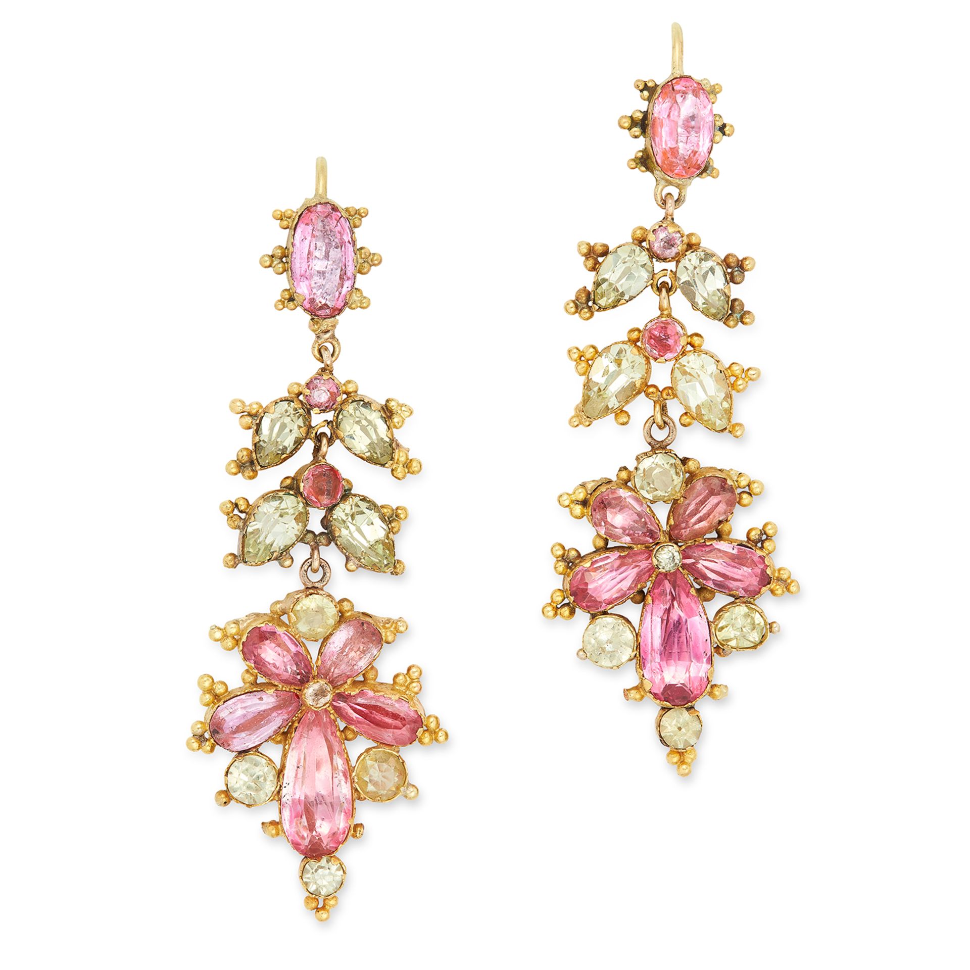 ANTIQUE PINK TOPAZ AND CHRYSOBERYL EARRINGS set with round, oval and pear cut pink topaz and