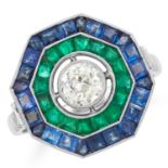 DIAMOND, EMERALD AND SAPPHIRE TARGET RING set with an old cut diamond of approximately 0.46 carats