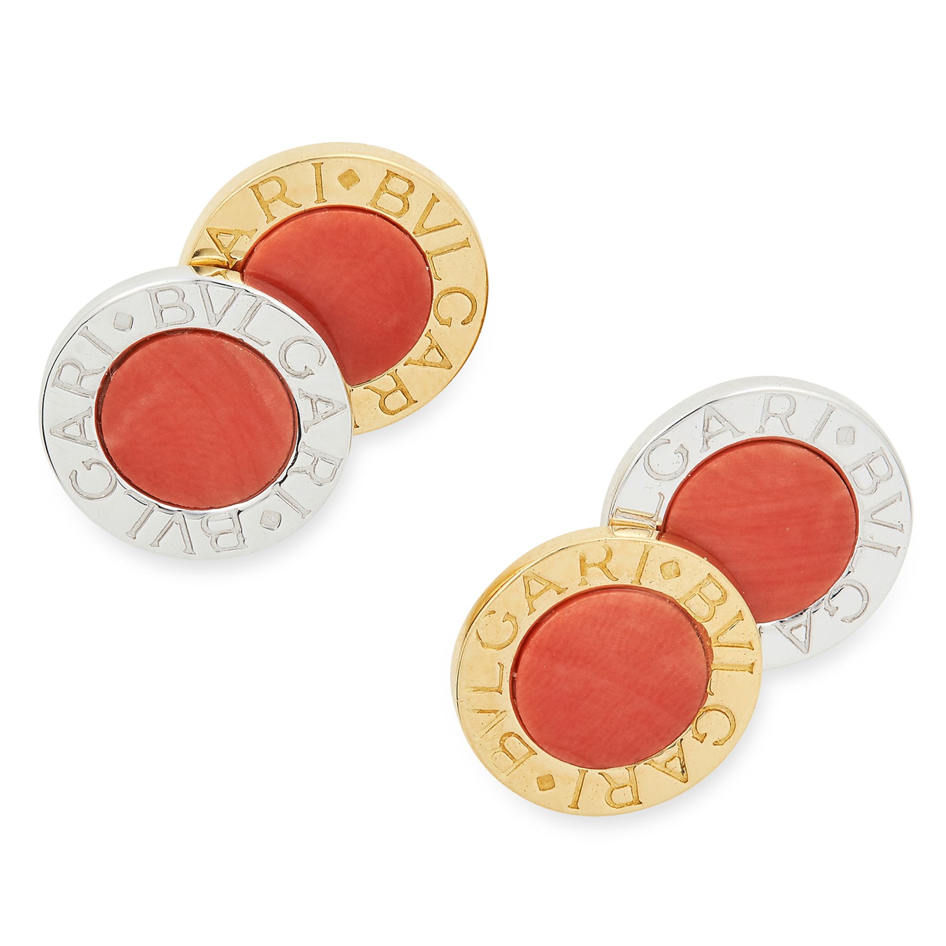 CORAL CUFFLINKS BY BULGARI each circular face set with a polished piece of coral, signed BVLGARI,