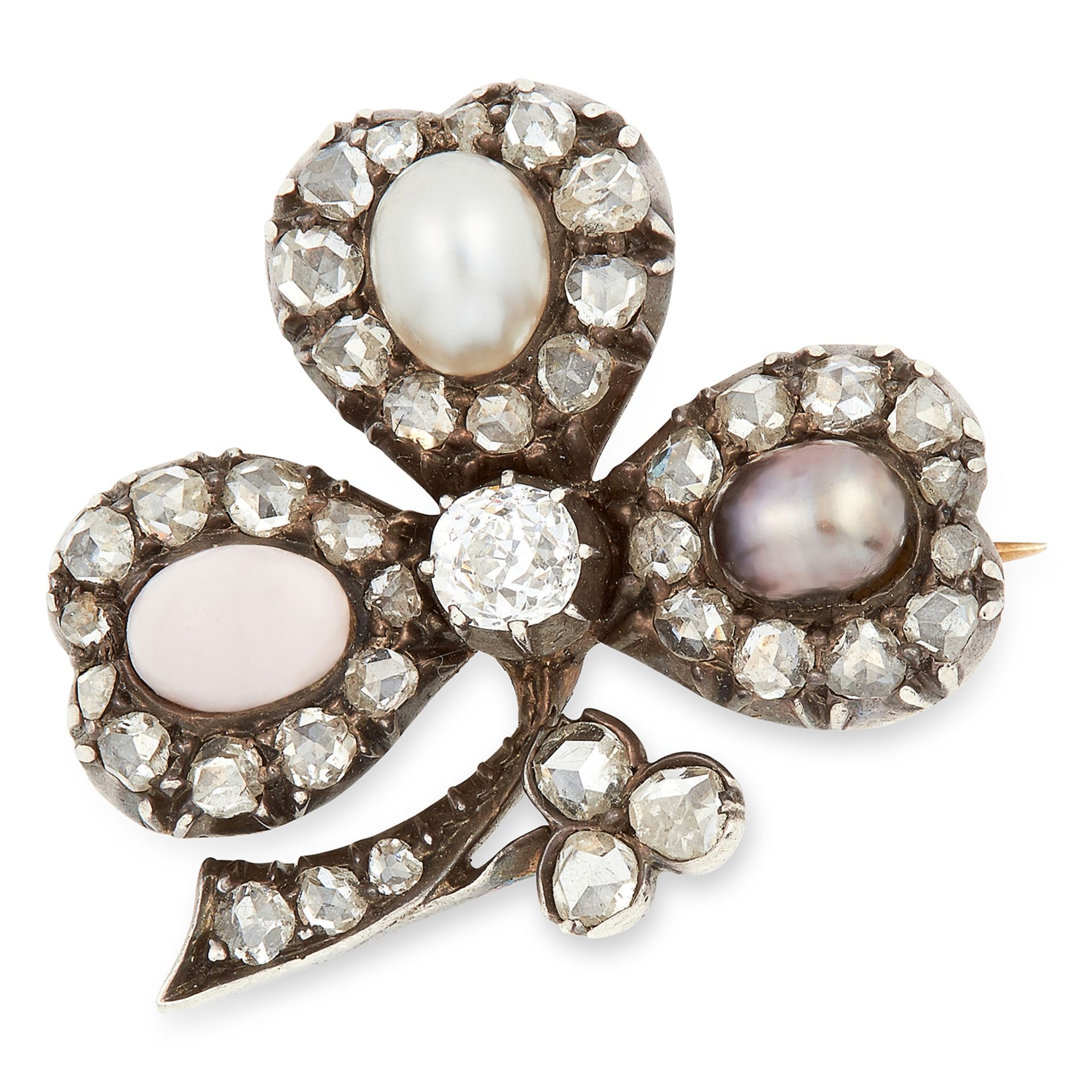 ANTIQUE PEARL, CORAL AND DIAMOND CLOVER BROOCH set with two pearls, a cabochon coral and rose cut