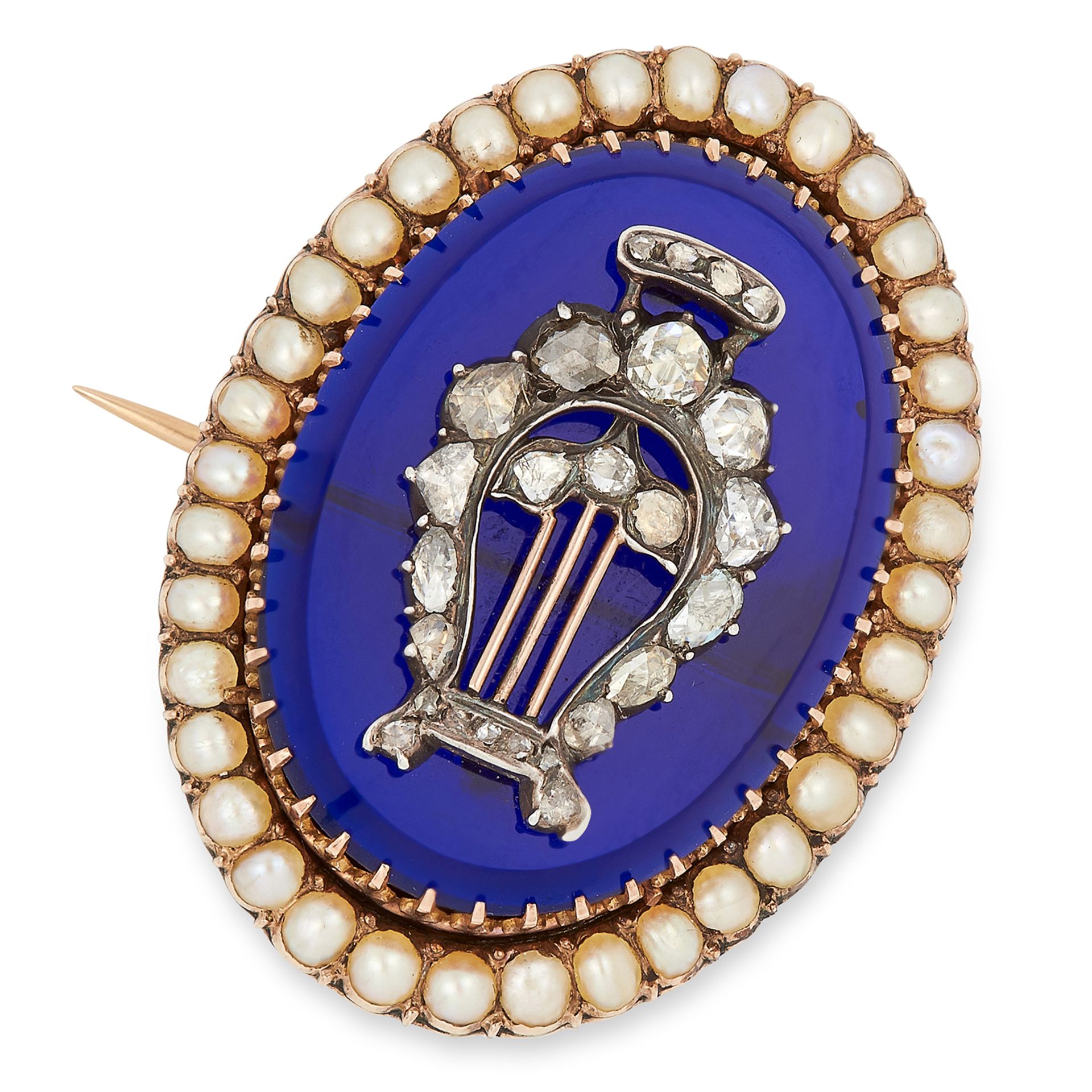 ANTIQUE VICTORIAN PEARL, DIAMOND AND BLUE HARDSTONE BROOCH set with rose cut diamonds in harp