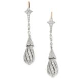 DIAMOND DROP EARRINGS in Art Deco style, set with round cut diamonds, 5.5cm, 10.8g.