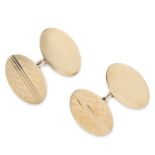 GOLD CUFFLINKS each comprising of two oval faces with textured design, 8.8g.