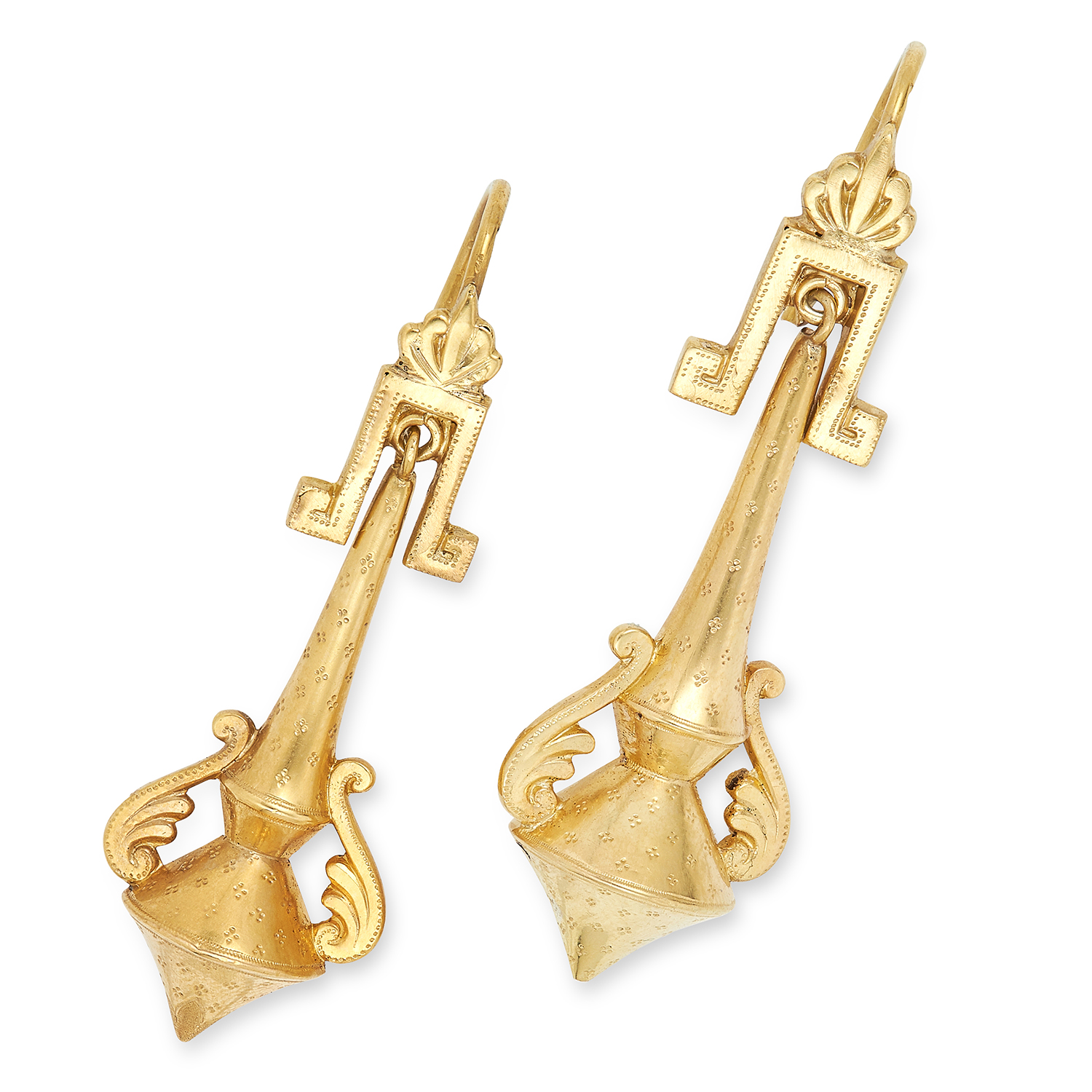 ANTIQUE ARTICULATED EARRINGS, 19TH CENTURY in the Etruscan revival manner, with geometric and