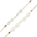 AQUAMARINE, SAPPHIRE, MOONSTONE AND DIAMOND NECKLACE comprising of a chain set with round cut