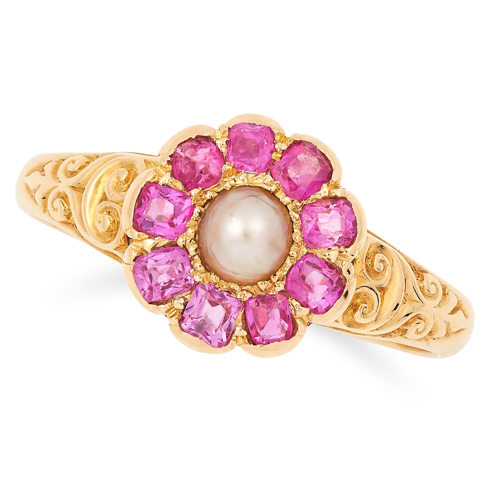 ANTIQUE PEARL AND RUBY CLUSTER RING set with a pearl in a border of cushion cut rubies, size P /