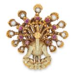 ANTIQUE RUBY AND PEARL PEACOCK BROOCH, 19TH CENTURY its tail set with a fan of rubies and pearls,