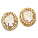 ANTIQUE CARVED CAMEO EARRINGS each set with a carved cameo in a gold border, 2.6cm, 9.8g.