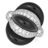 ONYX AND DIAMOND RING set with alternating round cut diamonds and polished onyx, size N / 7, 9.9g.