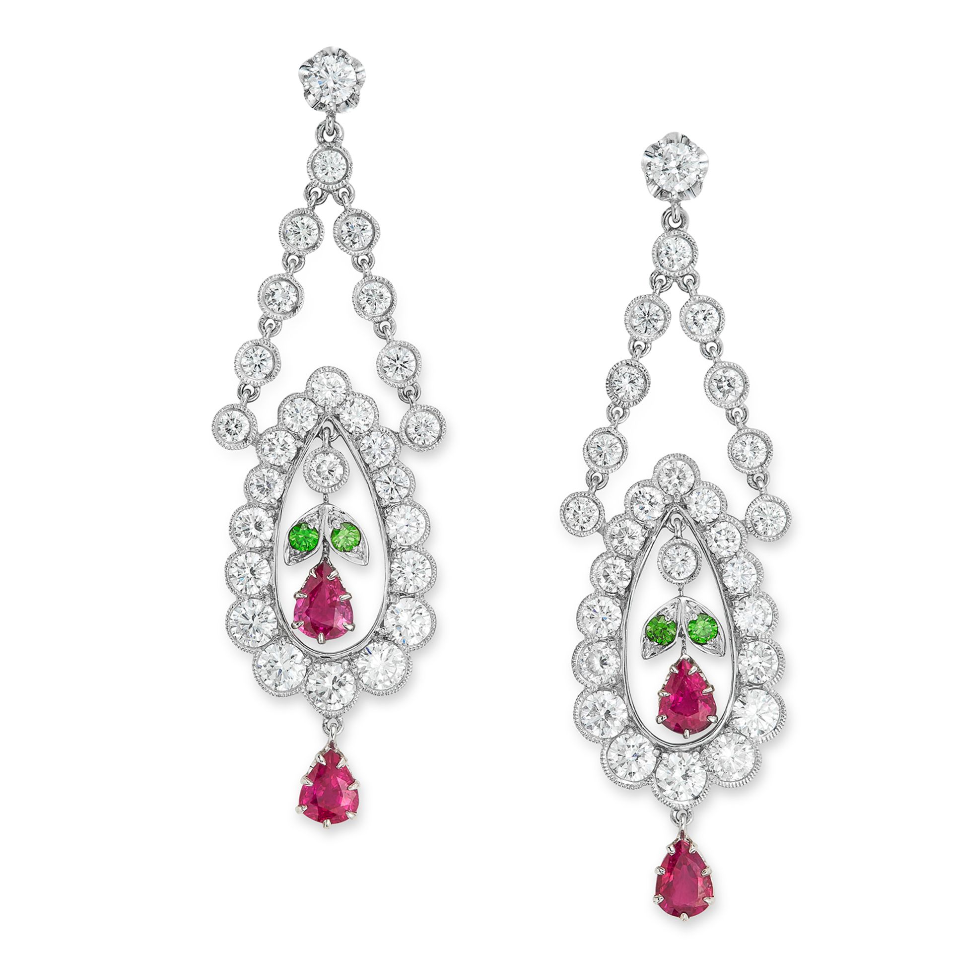 DIAMOND, RUBY AND DEMANTOID GARNET DROP EARRINGS set with pear cut rubies, round cut demantoid