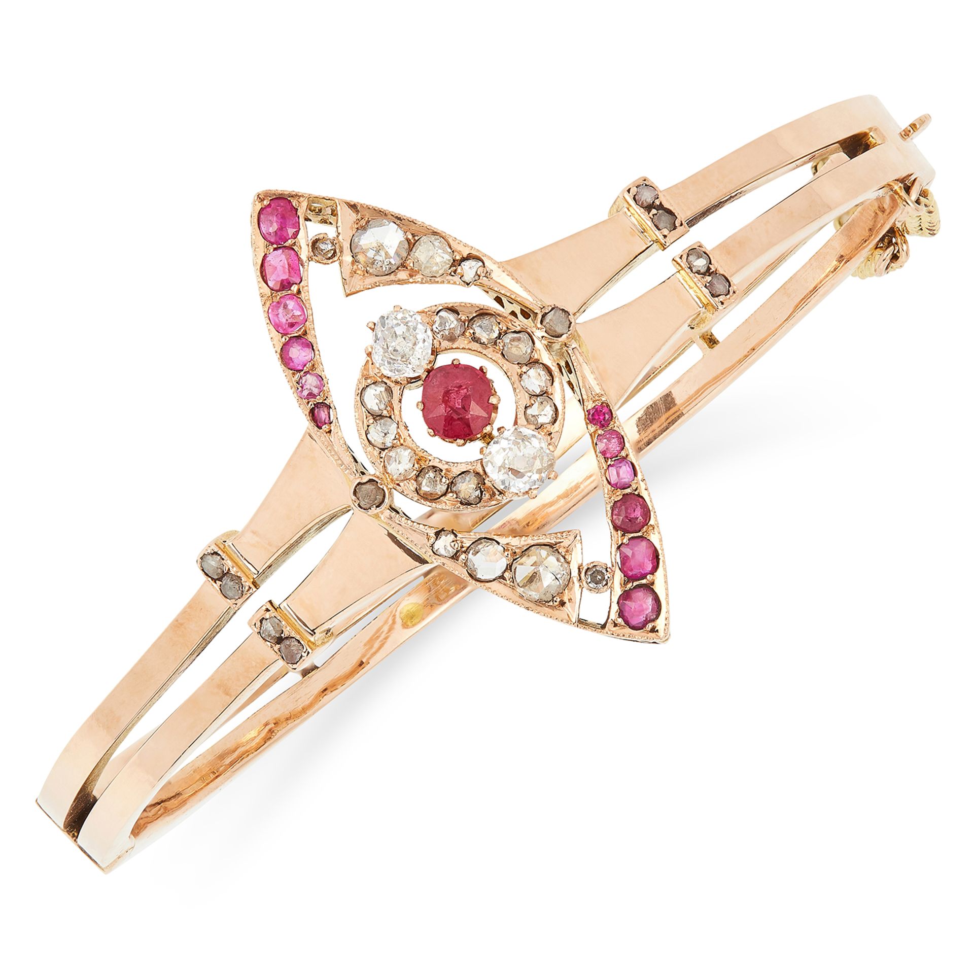 ANTIQUE RUBY AND DIAMOND BANGLE the marquise face is set with cushion cut rubies and old and rose