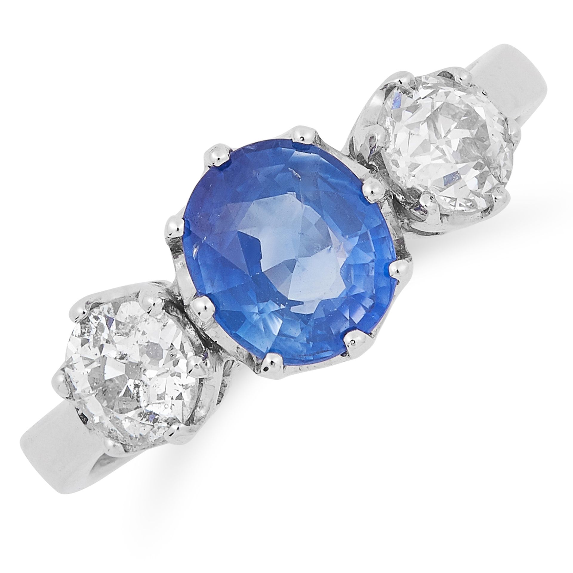 SAPPHIRE AND DIAMOND THREE STONE RING set with an oval cut sapphire of approximately 1.14 carats